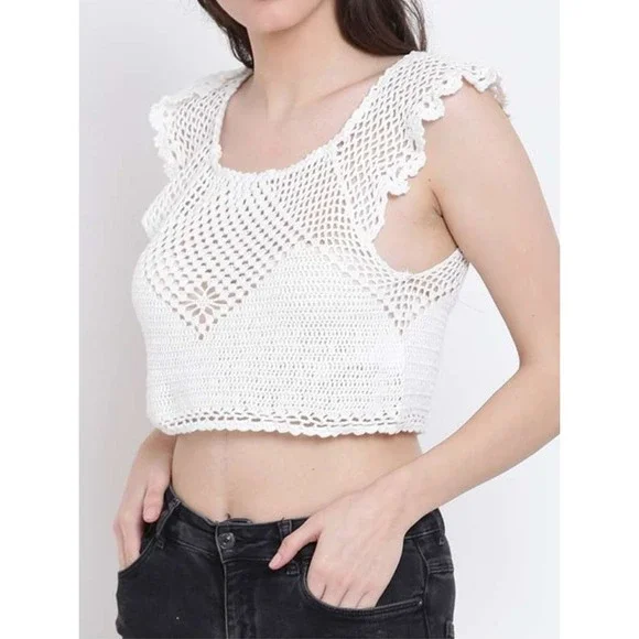 $20 EUC FOREVER 21 crochet tank shirt top M cream crochet summer daze surf layer - Picture 6 of 7